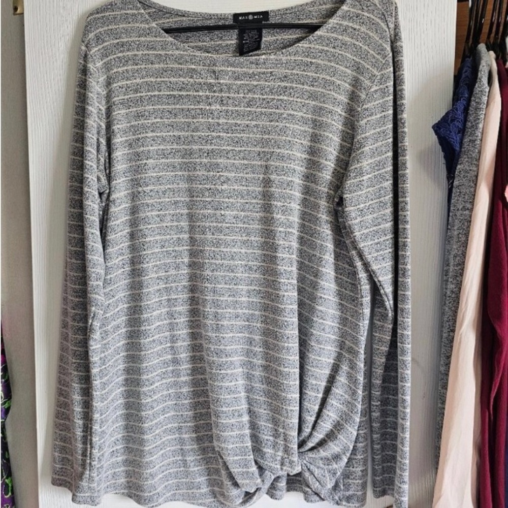 Gray Striped Long Sleeve Top with Twist Hem